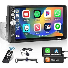 Hikity 1 DIN automašīnas radio Apple Carplay / Android Car / Mirror Link 7 collu automašīnas radio Bluetooth brīvroku komplekts ar ekrānu ar USB AUX TF SWC ārējo mikrofonu + atpakaļgaitas kameru