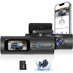 Podofo Dash Cam, 4K HD mini priekšējā kamera automašīnai ar cilpas ierakstīšanu, nakts redzamība, G-sensors, 24h stāvvietas režīms, WiFi lietotne, 64G karte + atpakaļgaitas kamera