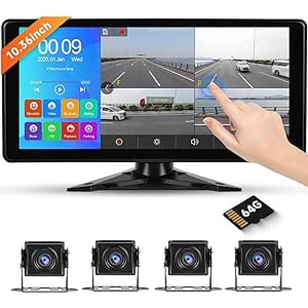 Hodozzy atpakaļgaitas kamera ar kabeli, 4 kameru sistēma ar 10,36 collu IPS Bluetooth skārienekrānu, 1080P DVR 4 sadalīts monitors, ar USB/SD karti, IP69 ūdensizturīgs nakts redzamības režīms kravas automašīnām, RV traktoriem,