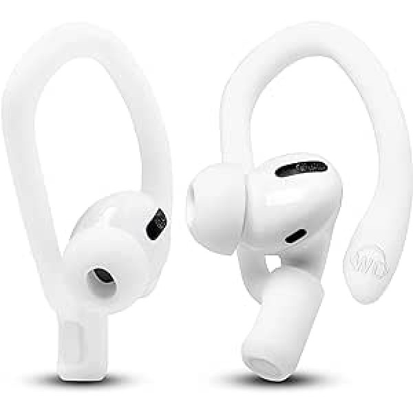 WC HookZ — uzlaboti āķi virs auss priekš AirPods Pro un AirPods 1, 2 un 3 — iekļauti 2 izmēra pāri, unikāls kreisais un labais āķis, ko izgatavojis Wicked Cushions | Ziemas balts