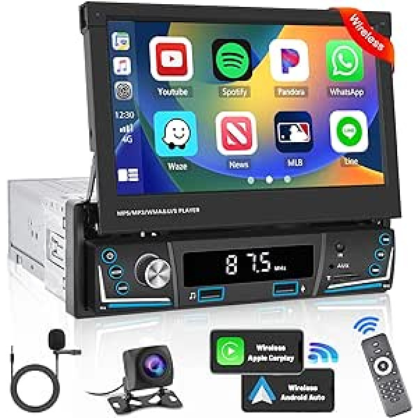 Senza Fili Apple Carplay, Hikity Car Radio 1 DIN Con Schermo Flip Out da 7 Pollici Stereo Bluetooth Android Auo Radio Mirror Link FM USB TF AUX SWC Mic AHD Retro kamera