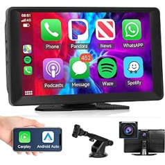 Podofo Wireless Carplay Android automašīnas portatīvais auto radio ar 9 collu skārienekrānu, Bluetooth automašīnas atskaņotājs ar 4K Dash Cam, atbalsta spoguļa saiti/balss vadību/nakts redzamību