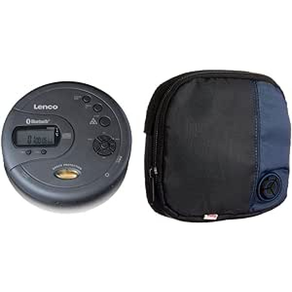 Lenco CD-300 - Portable CD Player Walkman - Bluetooth Diskman - 2 x 2000 mAh Battery - Headphones - Micro USB Charging Cable - Black & Hama CD Player Case for Discman and 3 CDs, Black/Blue