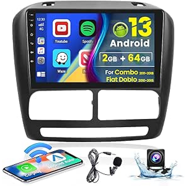 Hikity 2G 64G Android 13 bezvadu Carplay automašīnas radio ar satelīta navigācijas ierīci Fiat Doblo 2010-2015/Combo 2011-2018 9 collu skārienekrāna automašīnas radio ar GPS Bluetooth FM RDS WiFi HI-FI Android automašīnas MIC atpakaļgaitā