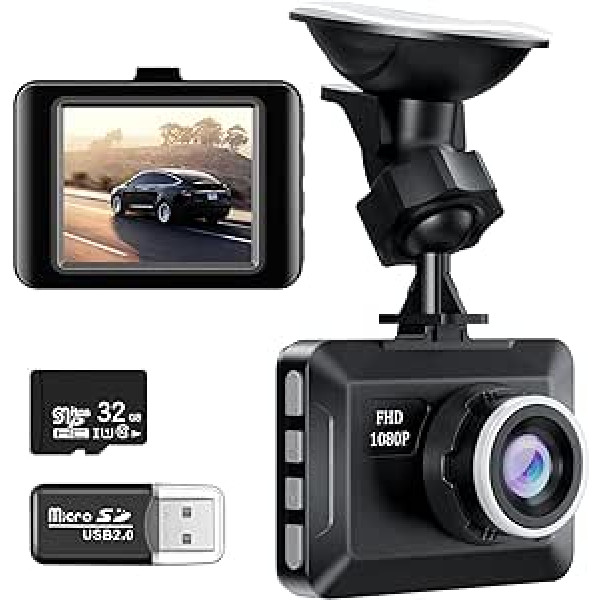 Dash Cam automašīna, Dash Cam priekšpuse ar 32 GB SD karti, automašīnas kamera 1080P 6,8 cm (2,31 collas) automašīnas kamera ar stāvvietas uzraudzību, kustības noteikšana, nakts redzamība, G sensors, cilpas ierakstīšana (melna kameras ka