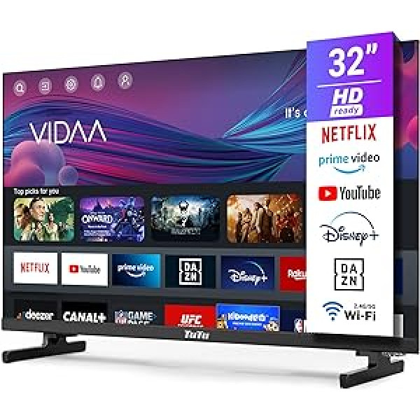 TuTu Smart TV 32 collu (80 cm) televizors (VIDAA) HD gatavs Dolby Audio trīskāršs uztvērējs App Store WiFi HDMI USB viesnīcas režīms bez malām (2024)