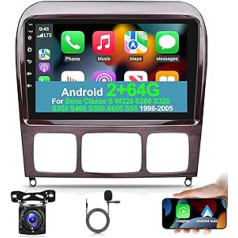 2+64G Android 13 auto radio Mercedes Benz S Class W220 S280 S320 S350 S400 S430 S500 S600 AMG 1998-2005 — 9 collu skārienekrāna radio — Apple Carplay/Android Car/WiFi + rezerves kamera