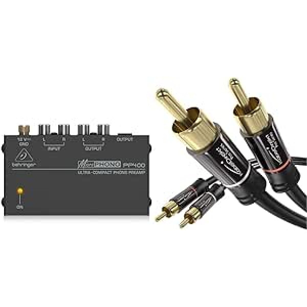 Behringer PP400 mikrofono patefonas pirminis stiprintuvas, juodas ir KabelDirekt, RCA garso kabelis, 1 m (koaksialinis kabelis, tinkamas stiprintuvui, stereofoniniams priedams, 2 RCA į 2 RCA)