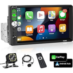 Podofo 1 DIN 7 collu automašīnas radio ar Apple CarPlay/Android Car, Bluetooth ekrāns ar savienojuma spoguli/stūres vadību/USB/TF/AUX/tālvadības pults + mikrofons + atpakaļgaitas kamera