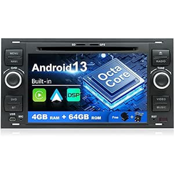 SXAUTO Android 12 IPS automašīnas radio, kas piemērots Ford C-Max/Connect/Focus/Galaxy/Kuga/S-Max/Transit/Mondeo - Wireless CarPlay/Android Car - Bez kameras - 4G+64G - DAB SWC 4K Video WiFi 360-2 DIN