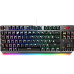 ASUS ROG Strix Scope NX TKL Deluxe 80% RGB spēļu mehāniskā tastatūra, ROG NX zili slēdži, ABS taustiņu vāciņi, noņemams kabelis, platāks Ctrl taustiņš, slepens taustiņš, plaukstas balsts, makro atbalsts, melns, Lielbritānijas izkārtojums