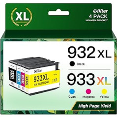 Glliter 933XL 932XL printeru kasetņu nomaiņa HP 932 933 XL kasetnēm, kas ir saderīgas ar HP 933XL multipack Saderīgas ar HP Officejet 6600 6700 7510 7612 7110 7610 (1, melns, 1110)