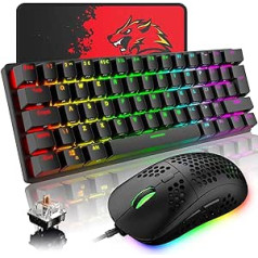 Apvienotās Karalistes izkārtojums Mehāniskā spēļu tastatūra RGB 14 fona apgaismojuma efekti Mini 62 taustiņu C tipa kabelis + viegla RGB 6400DPI šūnveida pele + peles paliktnis, kas ir savietojams ar PS4, Xbox, datoru, klēpjdatoru, MAC