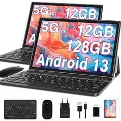 2024. gada planšetdators 10 collu Android 13 12 GB RAM + 128 GB ROM (TF 1 TB), WiFi 5G/2.4G + Bluetooth 5.0, Google GMS, logrīks, GPS, OTG, C tips, 6000 mAh, 8 MP+5 MP, planšetdators ar korpusu, tastatūra un pele, melna