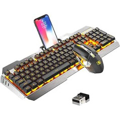 K670 bezvadu spēļu tastatūra un peles komplekts, 104 taustiņi, Lielbritānijas izkārtojums, mehāniskā tastatūra, 2,4 G bezvadu, oranža LED gaisma, 3000 mAh akumulators, bezvadu spēļu pele, līdz 2400 DPI personālajam datoram/MAC/PS4, melna