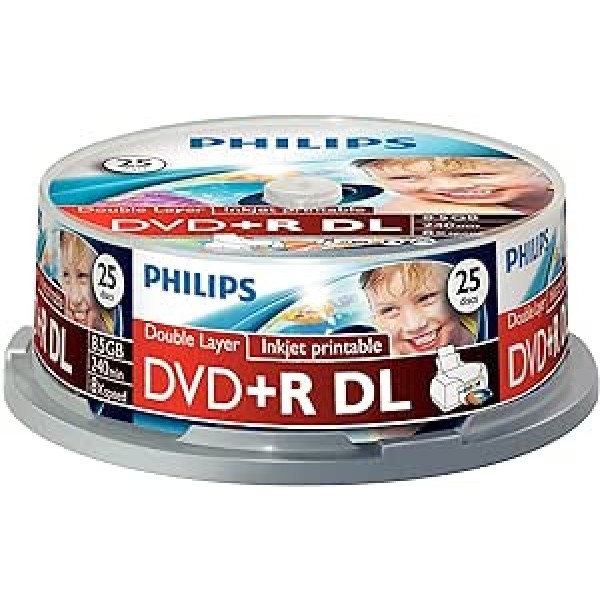 Philips DVD+R Rohlinge (8,5 GB datu/ 240 minūšu video, 8 x liela ātruma Aufnahme, 25 er Spindel, divslāņu DL, tintes drukājama)