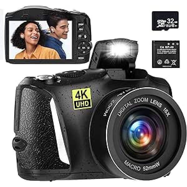 4K digitālā kamera, 48 MP kamera ar 32 GB SD karti, digitālās kameras ar automātisko fokusu, 16 x digitālā tālummaiņa, 3,0 collu ekrāna videologošanas kamera fotografēšanas iesācējiem (R3S)