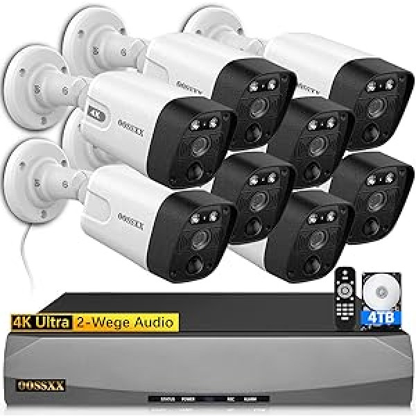 OOSSXX (4K/8,0 megapikseļi un 130° īpaši plats leņķis) 2 virzienu audio PoE āra mājas drošības kameru sistēma 8 vadu āra novērošanas IP kameru sistēma