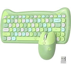 AJAZZ A3060 Colourful Green Retro Keyboard Mouse Set Wireless Cat - Typewriter Kawaii Round Jelly Keyboard - Small Aesthetic Pink Mouse Electric - for Mac Computer PC Office Game Gamer Tablet