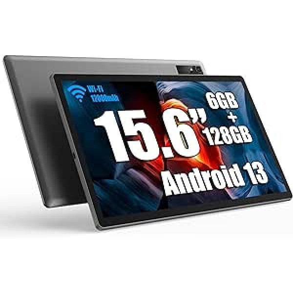 MESWAO planšetdators 15,6 collu Android 13 planšetdators ar 1920 x 1080 IPS HD lielu displeju, 6 GB/128 GB, Bluetooth, WiFi un 12 000 mAh akumulatoru — ideāli piemērots produktivitātei, izklaidei un izglītībai