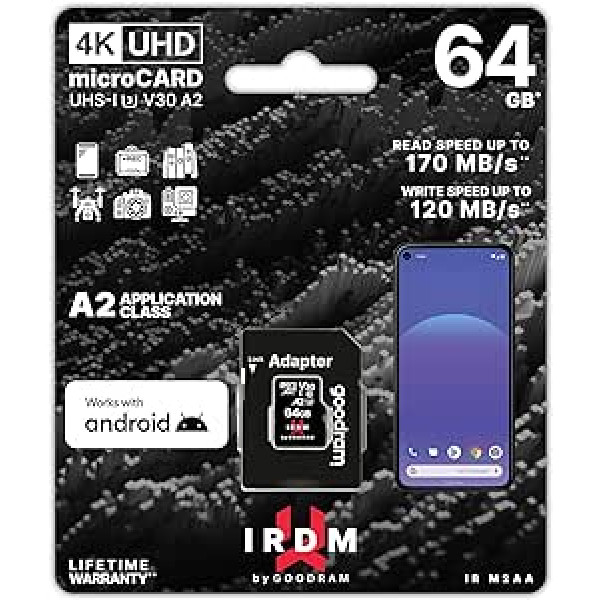 goodram Fast Memory Card IRDM - SD Card 64GB M2AA UHS-I U3 A2 V30 Micro SDXC with Adapter 170/120MB/s - High Performance - Fast and Reliable - Memory Card Micro SD