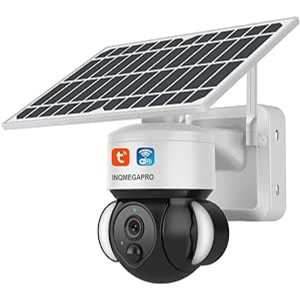 INQMEGAPRO TUYA/Smart Life Floodlight kamera Āra WLAN novērošanas kamera ar saules paneli un akumulatoru, 1080P āra novērošanas kamera ar PIR kustības sensoru, nakts redzamība krāsainā, 2 virzienos