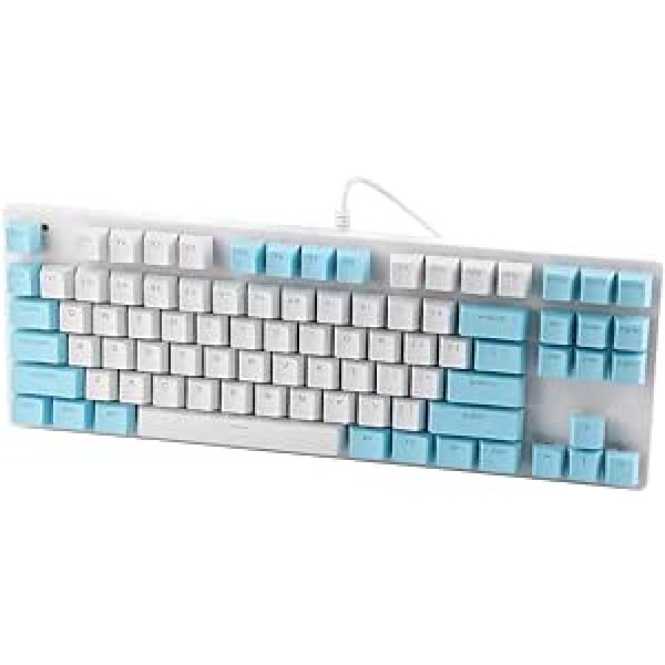 K100 vadu 87 taustiņu datora tastatūra, mehāniskā spēļu biroja tastatūra ar jauktām gaismas pogām, ergonomisks pretestības efekts, mehānisks zils slēdzis galddatoru klēpjdatoriem (balti zils)