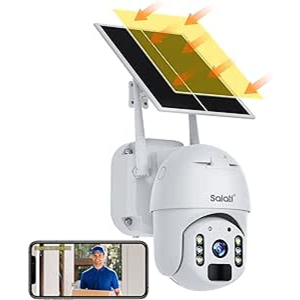 Salati Outdoor Surveillance Camera, 2K 3MP 360° Wireless WiFi Surveillance Camera with Solar Panel, PIR Motion Sensor, Colour Night Vision, Siren/White Light Alarm, 2-Way Audio, Cloud/SD Storage