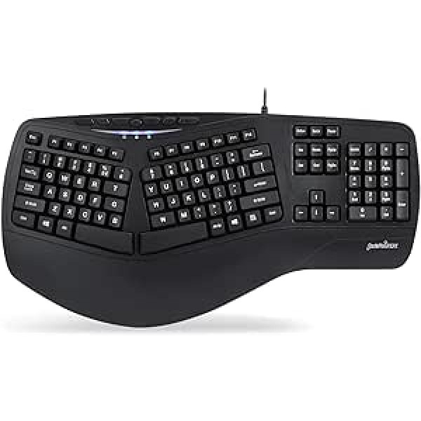 Perixx PERIBOARD-312 Ergonomiska aizmugurgaismota tastatūra ar dalītu dizainu, liela izmēra taustiņi, 2 papildu USB centrmezgli, melns, ASV QWERTY International