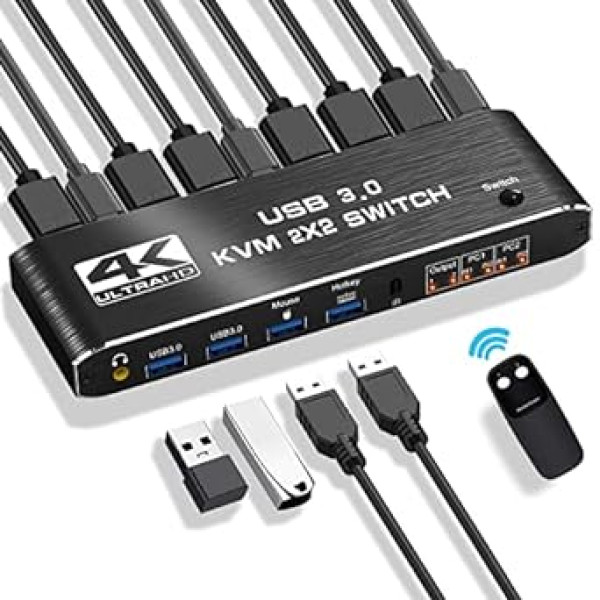 Ozvavzk USB 3.0 HDMI KVM Switch 2 PC 2 Monitors, Simulation EDID 4K60Hz Extended Display HDMI 2.0 HDCP2.3, Dual Monitor KVM Switch 2PC Share Keyboard Mouse, KVM slēdži ar 3,5 mm audio izvadi