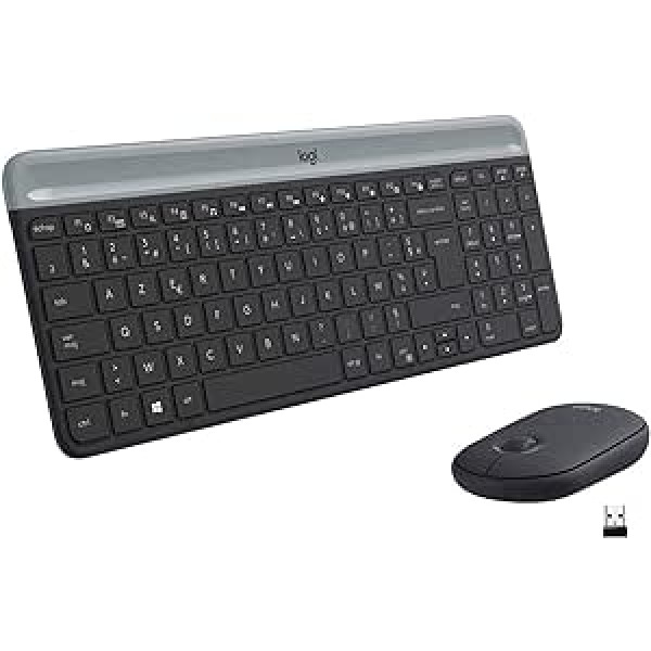 Logitech MK470 Slim Combo Wireless klaviatūros ir pelės rinkinys, 2,4 GHz jungtis per nano USB imtuvą, 10 m diapazonas, 18 mėnesių baterijos veikimo laikas, kompiuteris / nešiojamas kompiuteris, prancūziškas AZERTY išdėstymas - juodas / grafitas