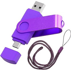 Vixelle 16 GB liela ātruma USB 3.0 C tipa zibatmiņas disks ar kakla siksnu — par 360° pagriežams ar auklu — 2 in-1 Dual USB C Memory Stick — 16 GB USB atmiņas zibatmiņa viedtālrunim, planšetdatoram un datoram — violeta