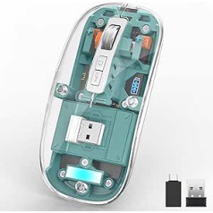 Uiosmuph M133 bezvadu Bluetooth caurspīdīga pele, trīs režīmu (BT5.1+ BT5.1+ 2.4GHz) C tipa uzlādējama pele klusa 4 DPI regulējama pele MacBook, klēpjdatoram, spilventiņam, personālajam datoram, iOS, Android (zaļa)