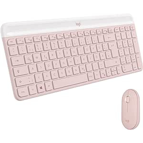 Logitech MK470 Slim Combo bezvadu tastatūras peles komplekts — moderns kompakts izkārtojums, īpaši kluss, 2,4 GHz USB uztvērējs, Plug n'Play savienojamība, saderīgs ar Windows, vācu QWERTZ — rozā