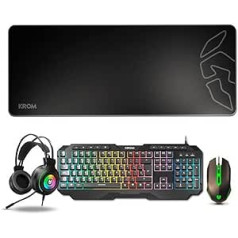 KROM Pack Gaming Karrier RGB Rainbow LED, membrānas tastatūra, optiskā pele ar 3600 DPI, 50 mm stereo austiņas, neslīdošs gumijas paklājiņš, spāņu izkārtojums, melns