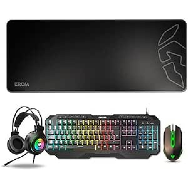 KROM Pack Gaming Karrier RGB Rainbow LED, membrānas tastatūra, optiskā pele ar 3600 DPI, 50 mm stereo austiņas, neslīdošs gumijas paklājiņš, spāņu izkārtojums, melns