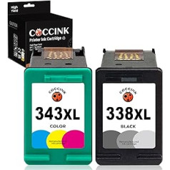 COCCINK 338XL 343XL (1 melns, 1 krāsains) atjaunotas printeru kasetnes HP 338 343 XL nomaiņai DeskJet 460 5740 6540 6620 6840 9800 Photosmart 25075 17 518 50 70. C 1610 2355