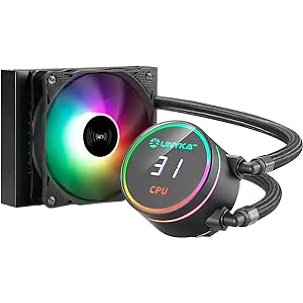 UNYKAch Aquastorm Black 120 šķidruma dzesēšanas procesora dzesēšana, CPU temperatūras kontroles displejs un RGB ventilators ar PWM sensoru