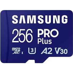 Samsung PRO Plus 256 GB MicroSD karte + SD adapteris mobilajām spēlēm viedtālruņos, planšetdatoros un rokas konsolēs, UHS-I U3, Full HD un 4K UHD, 180 MB/s lasīšanas, 130 MB/s rakstīšanas, MB-MD256SA/EU