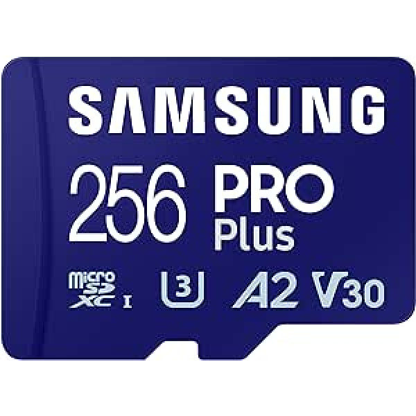 Samsung PRO Plus 256 GB MicroSD karte + SD adapteris mobilajām spēlēm viedtālruņos, planšetdatoros un rokas konsolēs, UHS-I U3, Full HD un 4K UHD, 180 MB/s lasīšanas, 130 MB/s rakstīšanas, MB-MD256SA/EU