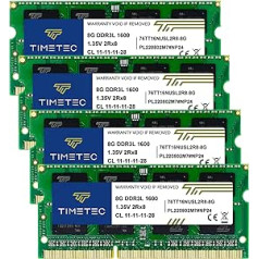 „Timetec“ 32 GB rinkinys (4 x 8 GB) DDR3L / DDR3 1600 MHz (DDR3L-1600) PC3L-12800 / PC3-12800 be ECC Nebuferinis 1,35 V / 1,5 V CL11 2Rx8 nešiojamasis kompiuteris, 204 lygio nešiojamasis kompiuteris, 204 pin RAM