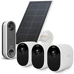 Arlo Essential Outdoor Surveillance Camera, Set of 3, Solar Panel and Wireless Video Doorbell Bundle - White, Test Period Secure Plan