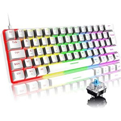 Mini 60% spēļu tastatūra Vadu mehāniskā tastatūra, kompakta pārnēsājama 62 taustiņi, Lielbritānijas izkārtojums, 19 RGB hroma aizmugurgaismojums, noņemams C tipa USB, personālajam datoram, klēpjdatoram, Mac, PS4, Xbox (balts/zils slēdz