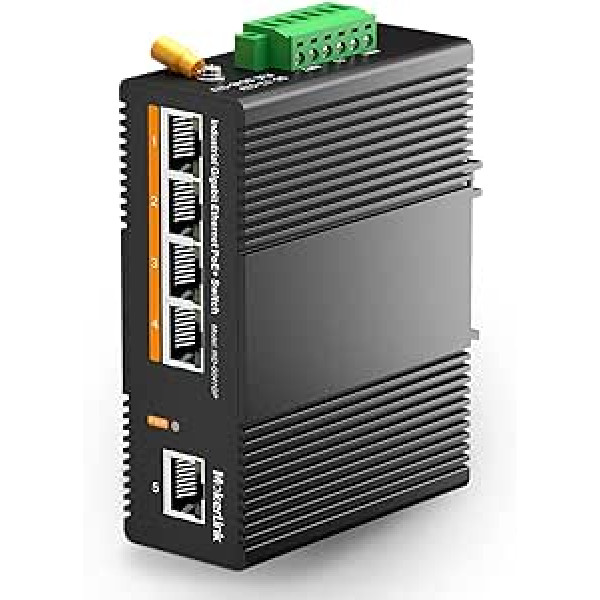 MokerLink 5 portu PoE Gigabit rūpnieciskais DIN-sliedes Ethernet slēdzis DIN sliede, 60 W PoE+ jauda, 14 Gbps komutācijas jauda, IP40 nepārvaldīts tīkla slēdzis (-40 līdz 185 °F), ar barošanas avotu