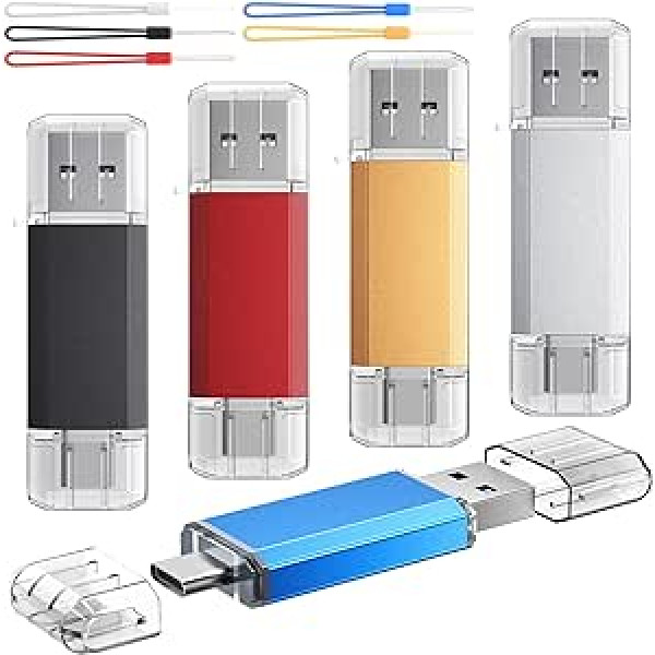 USB atmintinė 64 GB 5 spalvų pakuotė su USB 3.0 ir USB 3.1 Type C (2-in-1 Memory Stick), skirta Android išmaniajam telefonui, planšetiniam kompiuteriui, nešiojamajam kompiuteriui, „MacBook“, 40 MB/s didelės spartos C tipo USB atmintinė FEBNISC