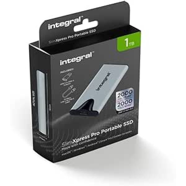 Integrēts SlimXpress Pro 1TB USB-C 3.2 Gen 2x2 cietvielu disks - 2000 MB/s lasīšanas un rakstīšanas ātrums, kompakts dizains ar Plug & Play, saderīgs ar Mac, PC, Android un citiem