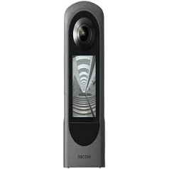 Ricoh Theta X 360 grādu kamera augstas izšķirtspējas attēliem līdz 60 MP, 360 grādu video līdz 5,7 K, ar skārienekrānu, nomaināmu akumulatoru un ārējo atmiņas karti pelēkā krāsā