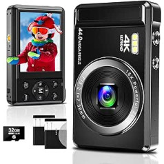 Digitālā kamera 4K 44MP kompaktā digitālā kamera ar 32GB SD karti fotografēšanai, autofokusa pārnēsājama mini kamera bērniem iesācējiem zēniem meitenes pusaudžiem ar 16x digitālo tālummaiņu un 2 baterijām