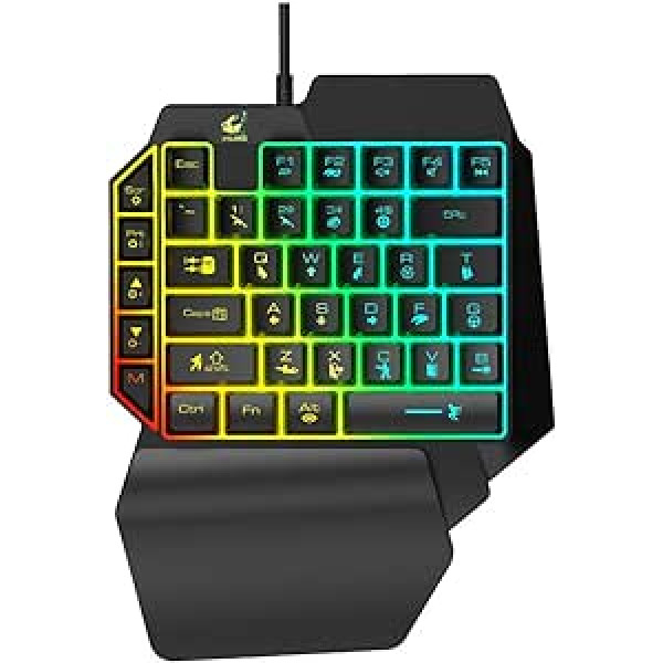 Auveach K15 LED varavīksnes fona apgaismojums, 39 taustiņi Ergonomiska USB vienrocīga spēļu tastatūra plaukstas locītavas atbalsts klēpjdatoram (PUBG versija)