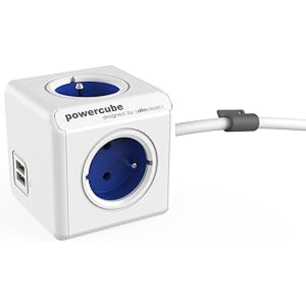 Allocacoc PowerCube Extended Duo USB FR Blau, 4 Fach Steckdosenverteiler ar 2,1 A USB Ladestrom, Weiß Blau